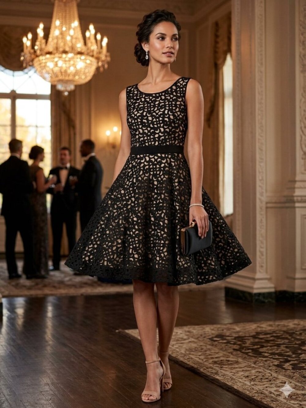 Xscape Black Lace Laser Cut Fit and Flare Cocktail Dress
